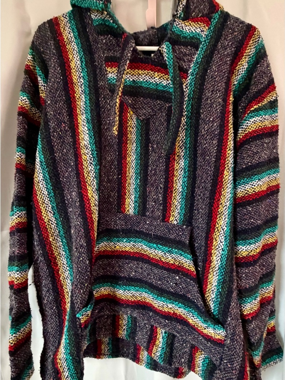 Baja Oland Striped Knit Hoodie in Teal, Black, Red & White